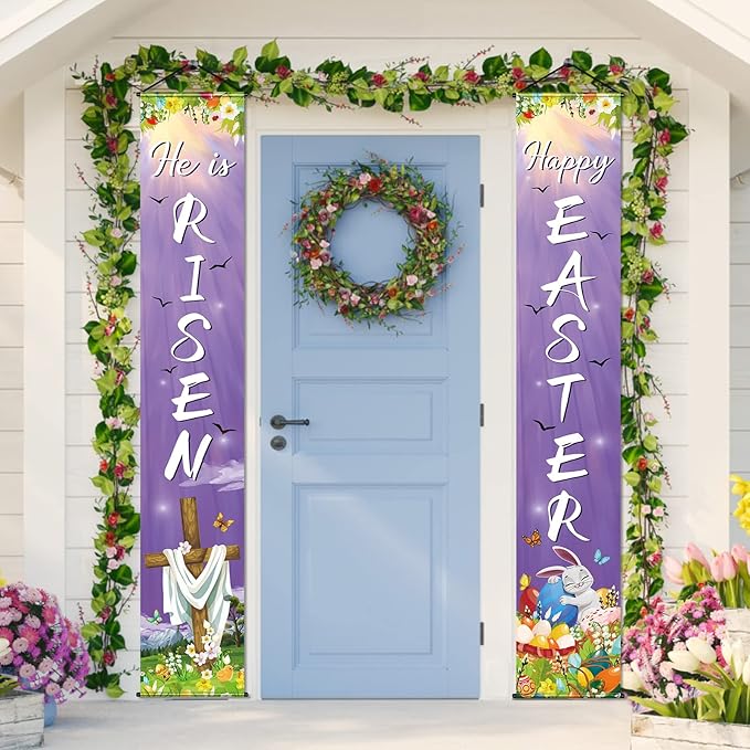 Happy Easter He Is Risen Porch Sign Banner Happy Easter Door Banners Hanging Decorations for Home Outdoor Indoor Wall Front Door Decor, 2 Pcs