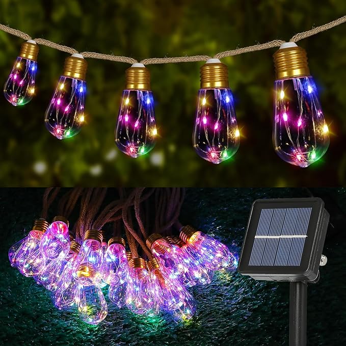 Solar String Lights Outdoor, 24FT Vintage Rope Hemp Solar String Lights for Outside with 20 Shatterproof Bulbs, Waterproof 8 Modes Solar Powered Patio Lights for Garden Fence Balcony Camping