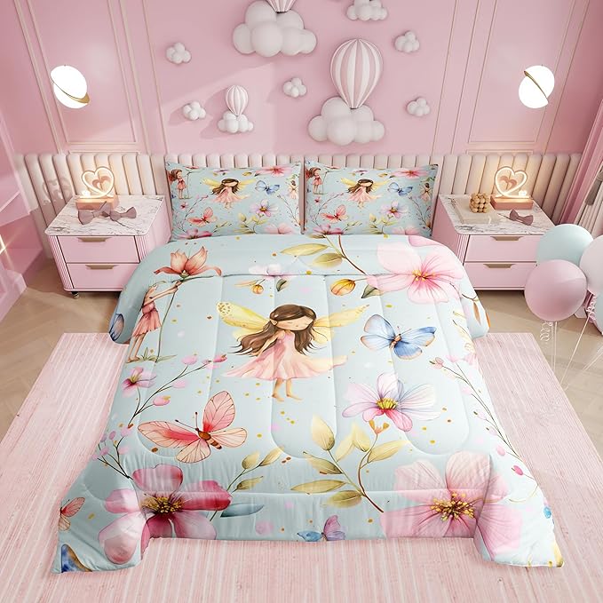 Erosebridal Floral Fairy Full Bedding Set,Dreamy Fairy Garden Comforter Set for Girls Kids,Cute Butterfly Flower Comforter,Pink Girly Princess Bedroom Room Decor,2 Pillowcases Breathable