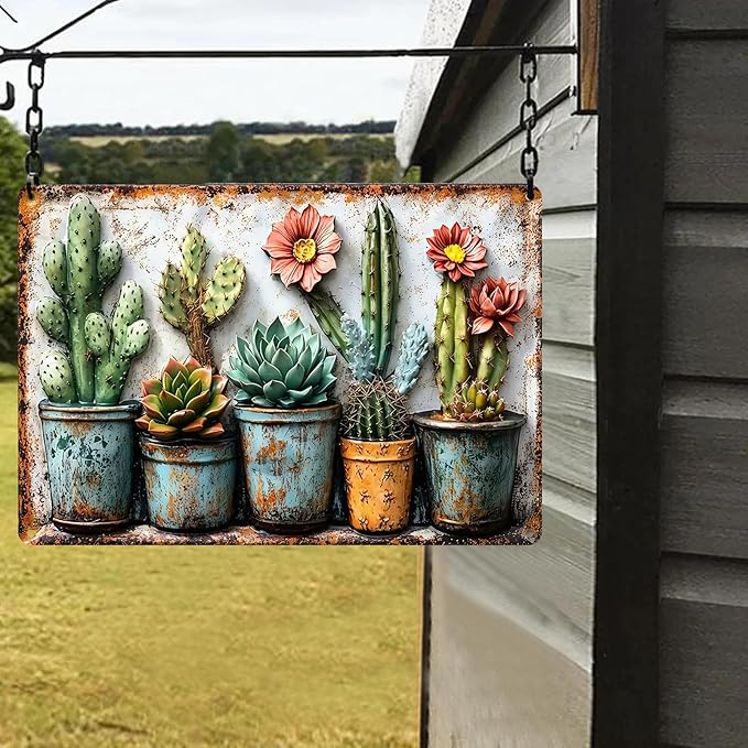 Gardening Gifts Vintage Garden Mental Tin Signs Cactus Plant Flower Printing for Home Yard Greenhouse Outdoor Decoration (8x12 Inch)