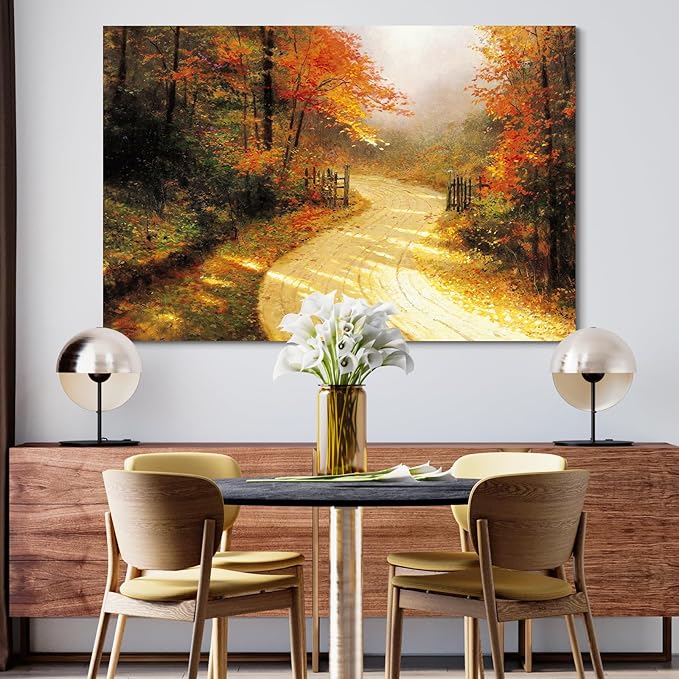 STUDIO HAVEN Thomas Kinkade Canvas Wall Art, Autumn Forest Path Golden Leaves Country Lane with Wooden Fence Oil Painting Poster Tranquil Fall Wall Decor, Framed Prints for Home Decor, 16x12Inch