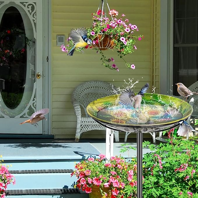 Metal Bird Bath for Outside, Vintage Freestanding Birdbaths & Birdfeeder, Bird Baths Feeder Bowl for Outdoors Garden Patio Yard Lawn Decor (Colorful Yellow)