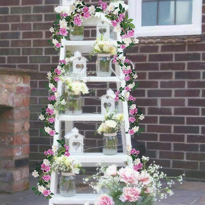 2 Pcs Artificial Flowers Garland for Outdoors Faux Gardenia Garland 12Ft Purple and White Silk Rose Hanging Vines Floral for Wedding Arch Party Wall Garden Ceremony Backdrop Fence Spring Decor