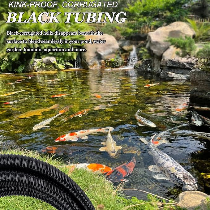 Pond Tubing 3/4' 20ft - Black Corrugated Flexible PVC Hose, Kinkproof & Strong for Garden Ponds, Waterfall Sump Pump