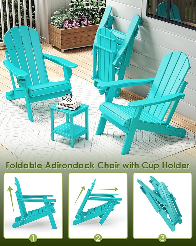 GREENVINES Folding-Adirondack-Chair | HDPE Plastic | Fire Pit Chairs | All Weather | Cup Holder | Aqua | for Deck Backyard Patio Outdoor Garden