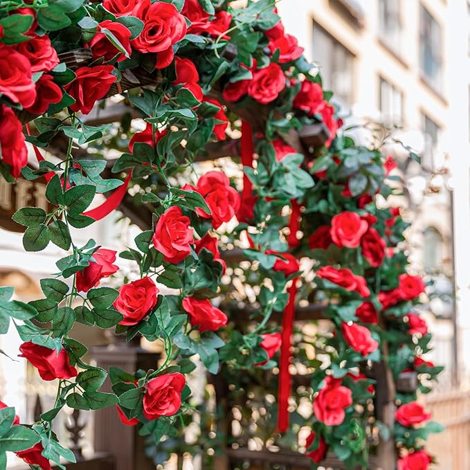 2 Pack (16FT) Artificial Rose Vine Fake Flowers Garland Hanging Silk Rose Ivy Plants Vine for Mother's Day Wedding Arch Party Garden Wall Aesthetic Art Décor (Red)