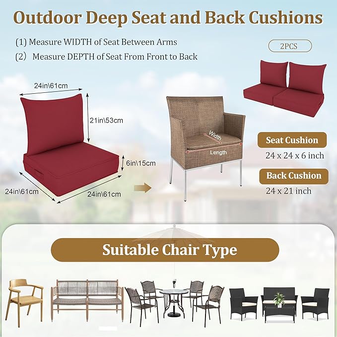 Outdoor Deep Seat Cushion Set, Fade Resistant Patio Chair Cushions, 24x24x6 Inch Patio Sofa Furniture Pad with Removable Cushion Covers (Burgundy, 24''Lx24''Wx6''H-2pcs Set)
