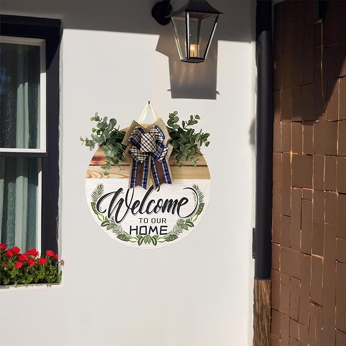 Welcome Sign Front Door Decoration 12 Inch Round Wood Wreath Wall Hanging Outdoor, Farmhouse, Porch, Suitable for Spring Summer Fall Seasons Holidays Christmas (blue)