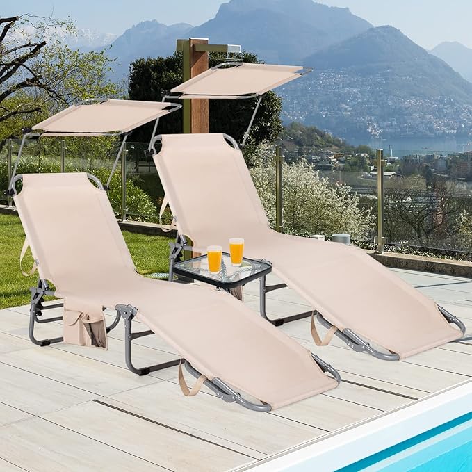 GYMAX Tanning Chair, Beach Lounge Chair with Canopy Sunshade, Carry Handle & Pocket, 5 Level Adjustable Layout Chaise Lounge for Outside, Folding Sunbath Chair for Outdoor, Patio, Poolside (2, Sand)