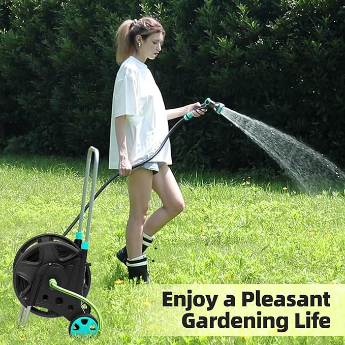 Garden Hose Reel for Outside,Hold Up to 100-120 ft of 5/8’’ Hose,Metal Hose Reel Cart with Adjustable Armrests and 2 Wheels,Durable Water Hose Holder for Garden, Yard, Lawn