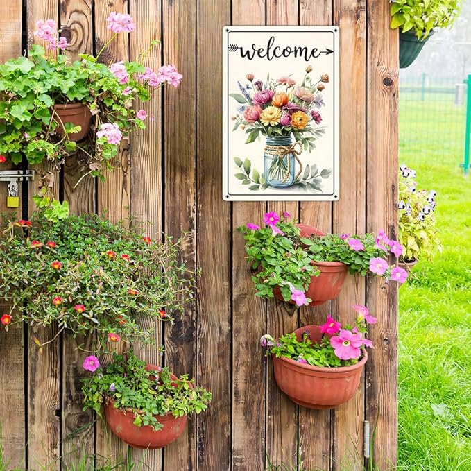 Funnysign Vintage "Welcome" Tin Sign – Rustic Floral Bouquet in Mason Jar – Metal Wall Decor for Home, Porch, Garden – 8x12 Inches (9821)