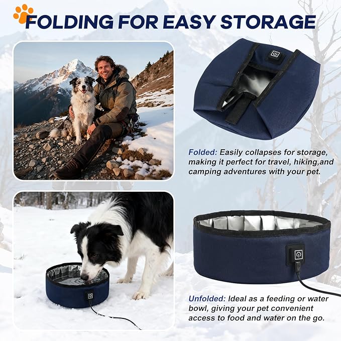 Heated Water Bowl for Dogs Winter Outdoor - 3L Foldable Travel Pet Bowl Keeps Water Unfrozen for Dogs Cats Chickens, USB Adjustable 113-149°F, Leakproof Portable Anti-Chew
