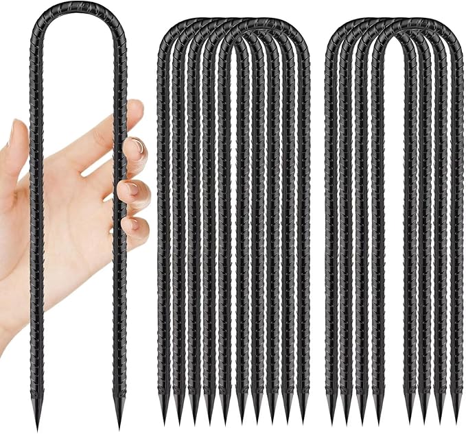 12 Inch Rebar Stakes, U Hook Ground Stakes 10 Pack Black Ground Anchors for Tent Heavy Duty for Plants Anti-Rust Landscape Fabric Artificial Turf
