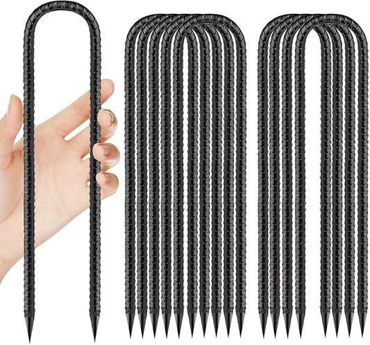 12 Inch Rebar Stakes, U Hook Ground Stakes 10 Pack Black Ground Anchors for Tent Heavy Duty for Plants Anti-Rust Landscape Fabric Artificial Turf