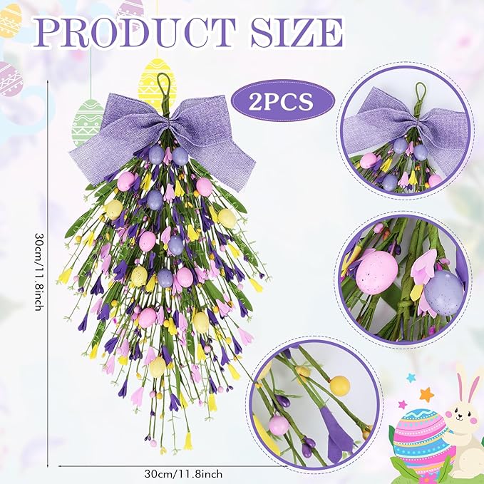 2 Pack 24'' Easter Teardrop Swags for Front Door Pastel Easter Eggs Teardrop Wreath Artificial Spring Floral Hanging Swags with Ribbon Berry for Farmhouse Home Outdoor Window Cabinet Wall Decor