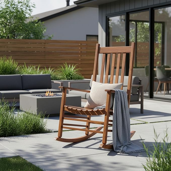 Shine Company Vermont Porch Rocker, High Back Wood Rocking Chair, Oak
