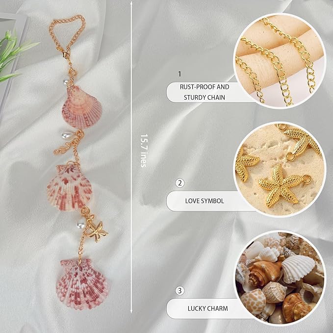 Sea Shells Car Decor,Cute Coastal Hanging Car Charm for Rear View Mirror, Boho Beach Themed Pendant,Hand-Made Starfish Conchas Ornament Accessories for Women