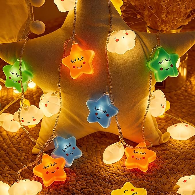 Colorful Clouds Stars Lights, 20 FT 40 LED Lights with Battery Operated Children's Bedroom Tents, Birthday Decorations, Wedding New Year Christmas Party Decoration (Stars Clouds, 20FT)