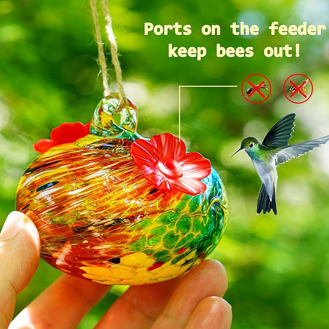 3inch Hand Blown Glass Hummingbird Feeders for Outdoors with 2 Feeding Ports Leak Proof Small Glass Humming Bird Feeder for Window Garden Patio Decoration