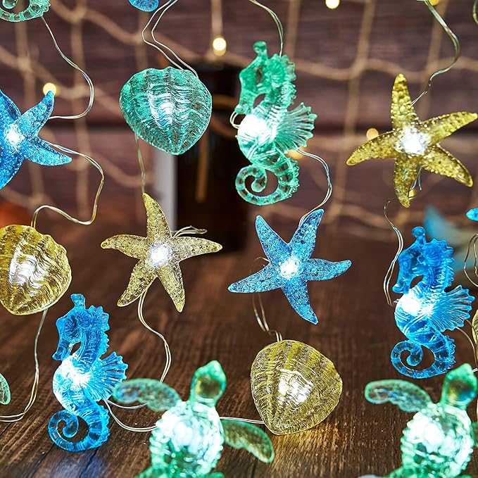 Nautical Theme Outdoor Solar Fairy Lights Ocean Décor Beach Decorative String Light Solar Power Seahorse Sea Turtle Starfish Shell Garden Night Lights 40LED 14ft Balcony Front Porch Tree Trunks