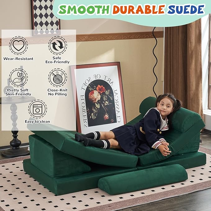 jela Kids Couch Safety Certified Play Couch Soft Kids Sofa with Machine Washable Cover Thick Foam Fort Building Set for Playroom Indoor (57"x28"x18", Pine Green)