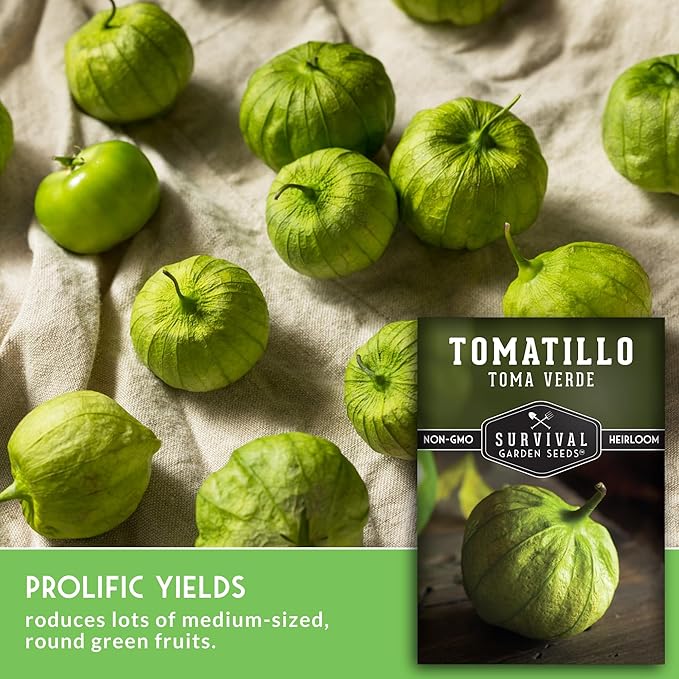 Toma Verde Tomatillo Seeds for Planting - Heirloom Mexican Green Husk Tomato, High Yield Non-GMO Variety for Salsa Verde and Authentic Mexican Cooking - Survival Garden Seeds (2 Packs)