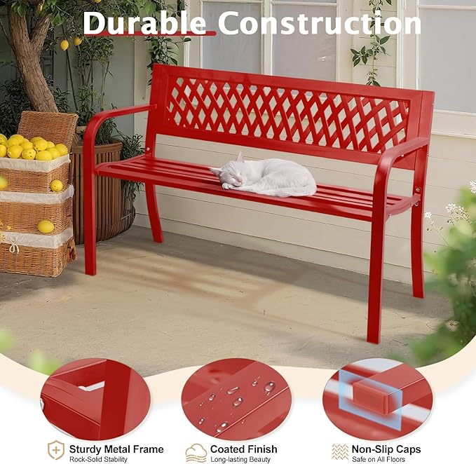 Outvita Outdoor Bench, 47" Iron Steel Frame Garden Bench with Mesh Pattern and Plastic Backrest Armrests, Patio Bench for Garden Park Yard Front Porch Patio, Red
