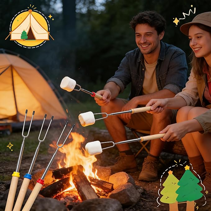 Telescoping Forks Smores Sticks for Fire Pit, 5 pcs S’mores Roasting Sticks for Camping, 6.3-11.4 Inch (4, 12.4-31.8 Inch)