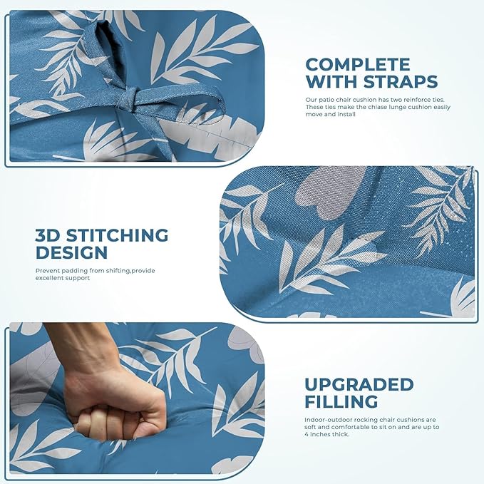 Rocking Chair Cushion, Waterproof Chairs Cushions for Adirondack Chairs Patio Couch High Back Thicked Cushions Outdoor and Indoor with Ties, Blue Leaf