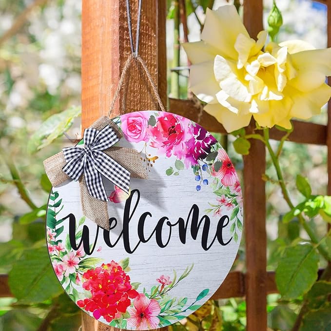 Yookeer Spring Summer Welcome Signs for Front Door Decoration Farmhouse Wreaths Door Hanger Rustic Wooden Welcome Flower Hanging Wall Porch Indoor Home Decor for Spring Summer Seasons Holiday