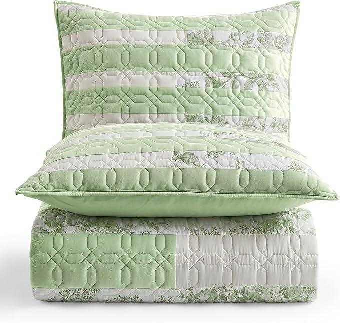 Wonderful Patchwork Quilt Set King Size Stitched Bedding, Floral Coverlet Cotton Blend Quited Bedspread for Women, Boho Piano Key Design Sage Green