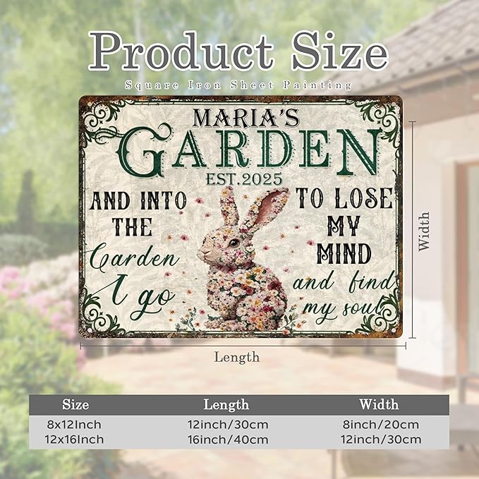 Custom Garden Signs Personalized Metal Tin Sign for Women, Retro Funny Rabbit Metal Sign for Outdoor, Patio, Yard Rustic Home Decor Gift for Mothers Day, Grandmas, and Gardening Lovers