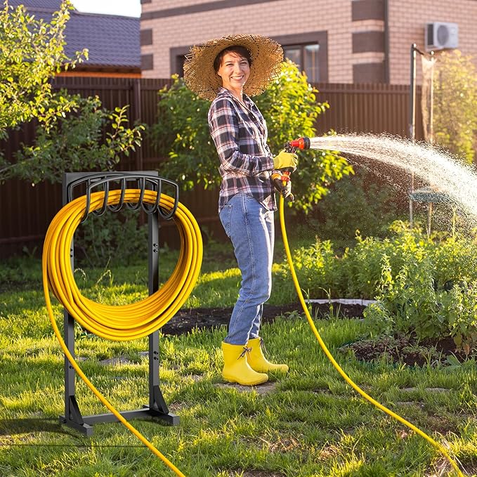 Freestanding Garden Hose Holder, Heavy Duty Water Hose Holder Stand with Stable 4-Spike Base, Fits 5/8" Hoses up to 150ft, No-Drill Yard Storage Alternative to Hose Reel