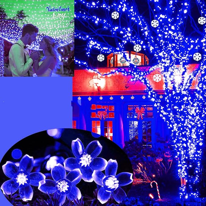 FULLBELL Flower String Lights Christmas Blue 33 Feets 100 LED Memory String Indoor Outdoor Fairy Bedroom Wedding Party Tiktok Trends Items (Blue)
