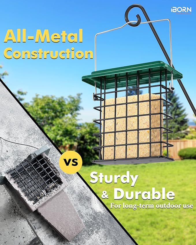 iBorn Suet Feeder Suet Bird Feeders [Single Capacity] for Outside Hanging with Taller Grid for Woodpecker,Metal Green（Pack of 1）