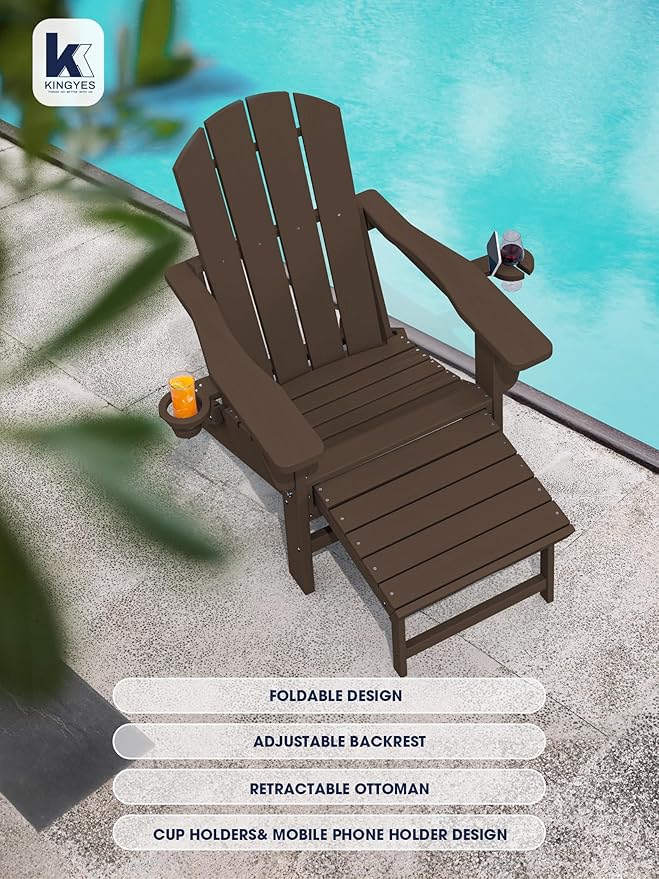 KINGYES Folding Adjustable Adirondack Chair with Ottoman & 2 Cup Holders, HDPE Adirondack Recliner Chair with Footrest, Coffee