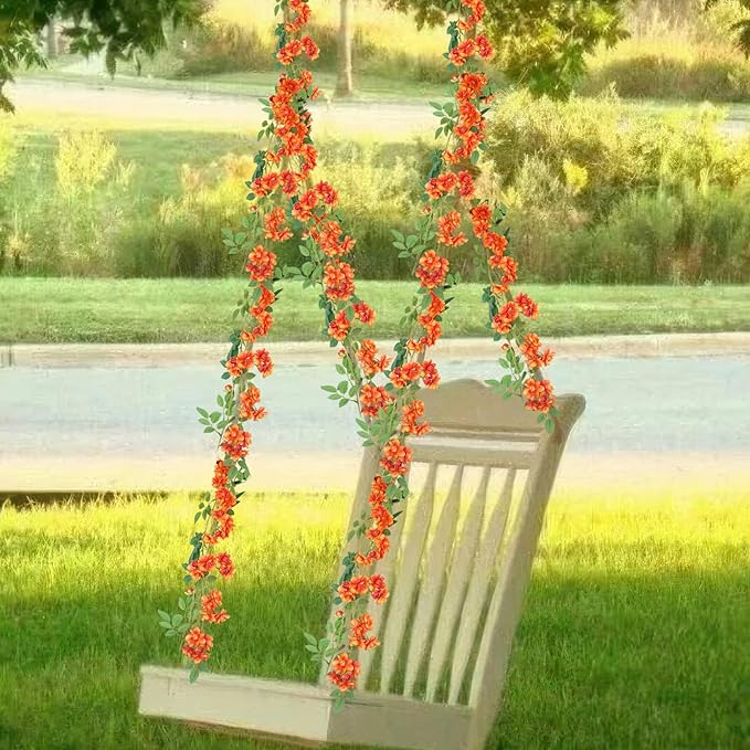 2 Pcs Artificial Flowers Garland for Outdoors Orange Faux Gardenia Garland 12Ft Silk Rose Hanging Vines Floral for Wedding Arch Party Wall Garden Ceremony Backdrop Fence Spring Decor