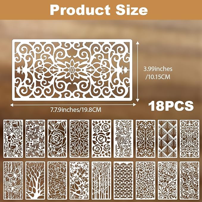 CeeVian Texture Stencils 18 Pieces Reusable Texture Stencil Mixed Stencils for Painting Flower Leaf Floral Templates for Painting on Wood Furniture Christmas Gifts Canvas Paper Scrapbook Furniture DIY
