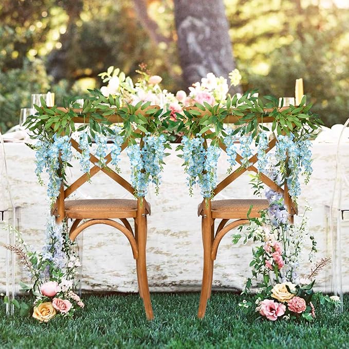DearHouse 2Pcs 6 Ft/Piece Artificial Flowers Silk Wisteria Garland Artificial Wisteria Vine Rattan Silk Hanging Flower for Home Garden Outdoor Decor (Blue)