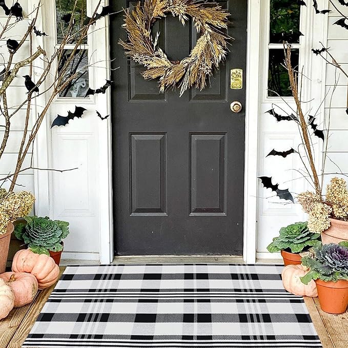 Fall Décor Plaid Rug, 2'4" x 3'7" Black&White Check Indoor/Outdoor Area Rug, Layering Rug for Hello/Welcome Doormat, Machine Washable Cotton Woven Rugs for Farmhouse Front Porch,Entryway