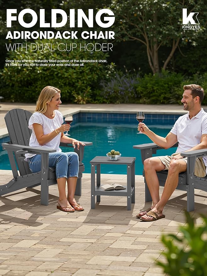 KINGYES Folding Adirondack Chair Set of 4, Dual Cup Holders & All-Weather HDPE, Wood-Like Patio Chair for Backyard, Camping, Pool & Fire Pit, Grey