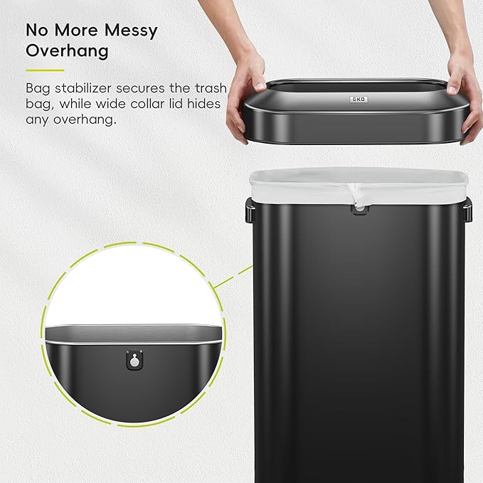 EKO Urban 16 Gallon/60 Liter Open Top Stainless Steel Slim Commercial Trash Can, Tall Kitchen Trash Bin, Heavy-Duty Commercial Grade Large Garbage Bin for Home, Office, Hotel, Restaurant, Matte Black