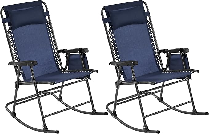 Yaheetech 26in Rocking Chair Outdoor Zero Gravity Folding Chairs Rocking Chairs Foldable Outdoor Lounge Chair for Outside Lawn with Cupholder/Pillow Ergonomic Design for Rest, Navy Blue, Set of 2