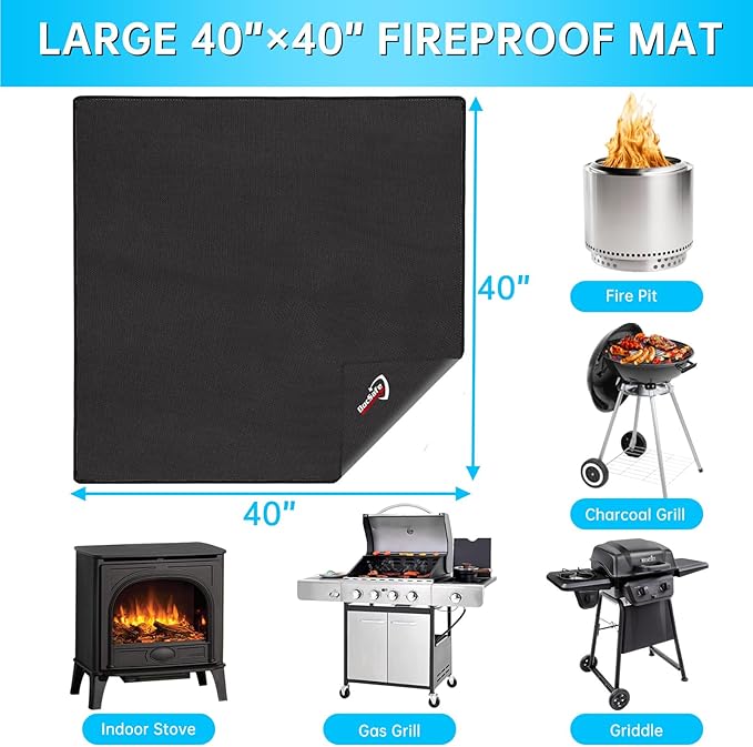 DocSafe 40" Square Fire Pit Mat Under Grill Mat,4 Layers Fireproof Indoor Fireplace Pad Heat Insulated Protect for Decks,Patios,Grass,BBQ Smoker,Portable Reusable Oil-Proof and Waterproof, Black