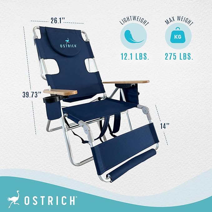 Ostrich Reclining Lounge Chair, Deluxe 3 in 1 Folding Outdoor Beach Lounger, Navy Blue - Compact and Portable Recliner for Pool Tanning, Lawn, Patio, and Yard