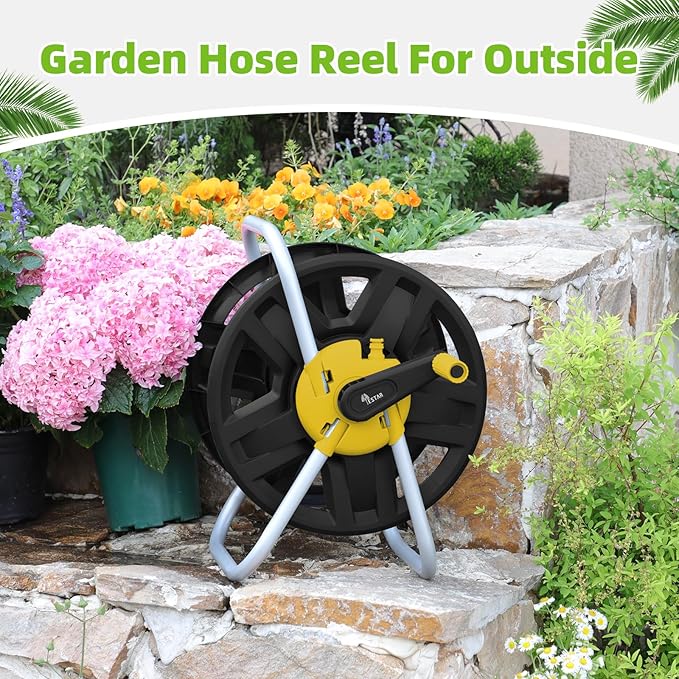 Water Hose Reel Cart, Holds 60-80 Ft of 5/8 Inch Hose, Yellow Wall Mounted Garden Hose Cart, Portable Hose Reel for Convenient Storage and Watering