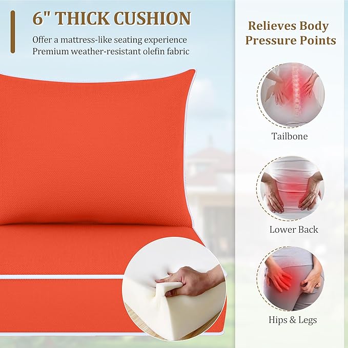 Outdoor Deep Seat Cushion Set, Fade Resistant Patio Chair Cushions, 24x24x6 Inch Patio Sofa Furniture Pad with Removable Cushion Covers (Orange + White Side, 24''Lx24''Wx6''H-1pcs Set)