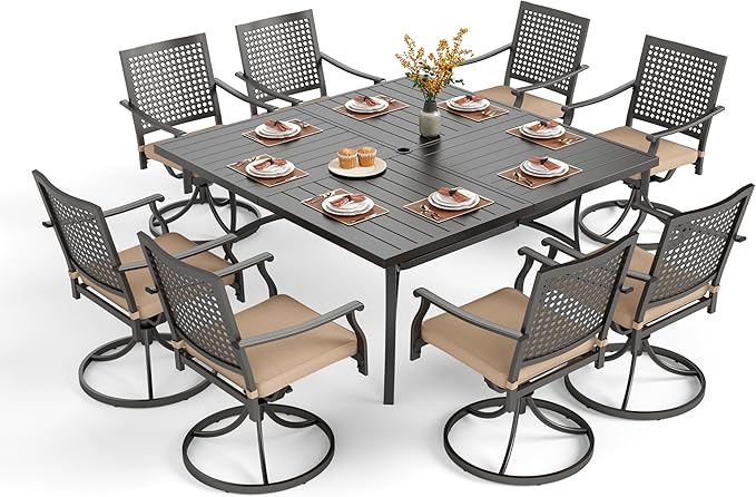 PHI VILLA 9 Pieces Outdoor Dining Set for 8, 60” Square Metal Wrought Iron Table & Swivel Steel Chairs with Cushions, Large Furniture Set for Outdoor Deck, Yard, Porch - Black