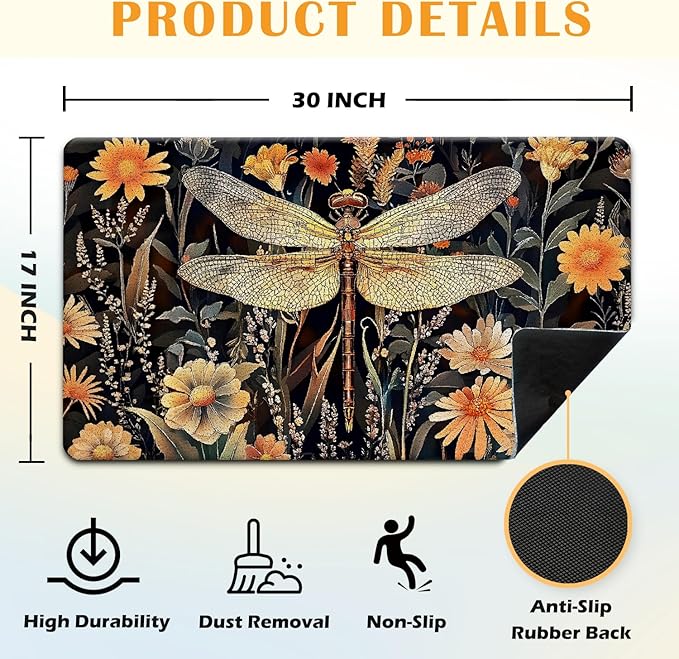 JINYO Dragonfly Floral Door Mat, Vintage Rustic Dragonfly Door Mat Indoor Outdoor Entrance Entryway Porch, Dark Cottagecore Botanical Flower Bath Mats for Bathroom, Beachy Welcome Mats, 17x30 Inch