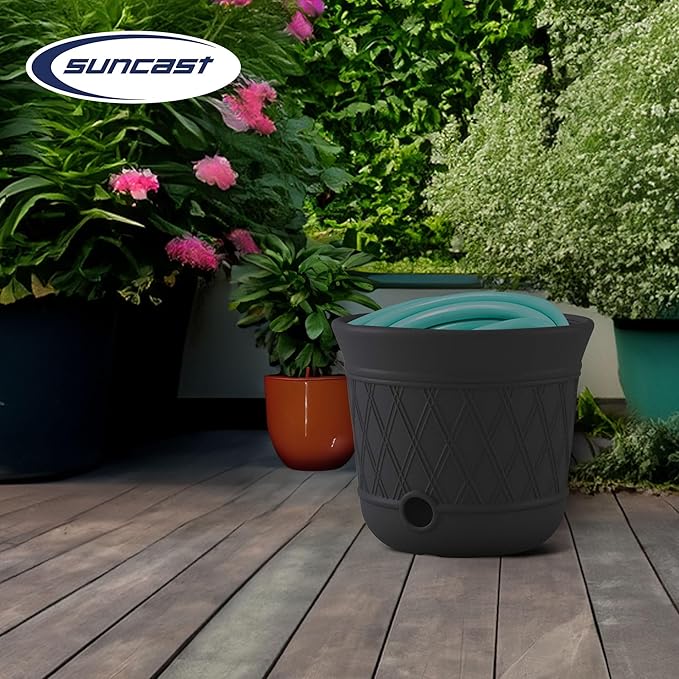 Suncast 4 Pack 14" x 12" Round Resin Decorative Weatherproof Outdoor Hideaway Standard Garden Hose Storage Pot with Drainage Holes, Gray